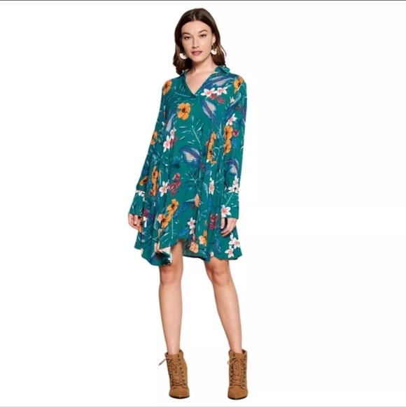 ODDI Teal Long Sleeve Floral Print Collared V-Neck Mini Dress Size M ODDY - Picture 2 of 14
